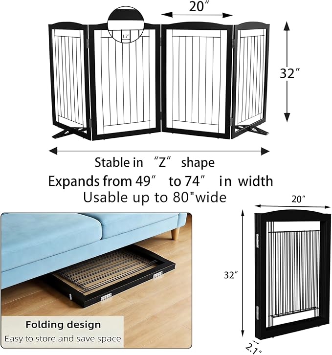 ZJSF Freestanding Dog Fence Indoor, Foldable Dog Gate for Doorways, Stairs or Hallways, Sturdy Wood Extra Wide Pet Gate with Support Feet for The House, Black, 32 "Height-4 Panels