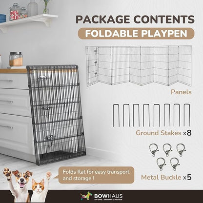 BOWHAUS Foldable Outdoor/Indoor Pet Playpen with Gate, Available in 36 Inch Height Metal Portable Kennel, Heavy-Duty Exercise Fence Cage 8 Panels for Large Dog, Animals