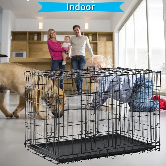 Dog Crate for Large Medium Small Dogs, Folding Dog Kennel Cage with Plastic Tray & Divider 48"/42"/ 36"/ 30"/ 24" Indoor Outdoor Metal Double Door Heavy Duty Dog Pen Enclosure, Black(24 Inch)