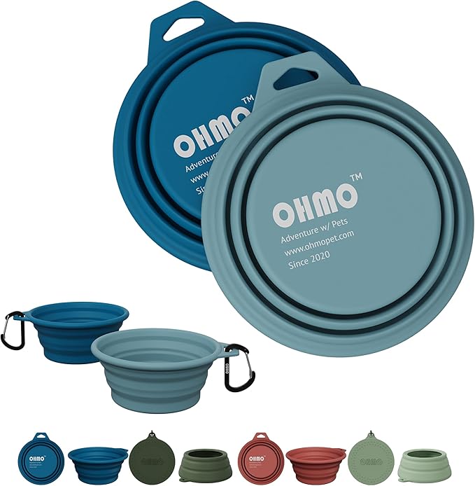 OHMO Collapsible Dog Bowl(2 Pack, Peacock&Light Blue 12oz/400ml) Premium Silicone Pet Water Bowls for Cats & Dogs, Portable Dog Travel Bowls Foldable for Outdoor Camping Hiking