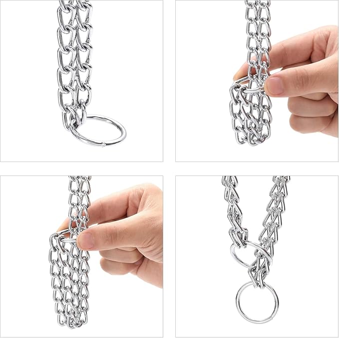 Silver Dog Choker Chain, Double Row Martingale Chain Dog Collars, Chew Proof Metal Cuban Link Slip Collar Adjustable for Small Medium Large Breed Dogs (2 Row, M)