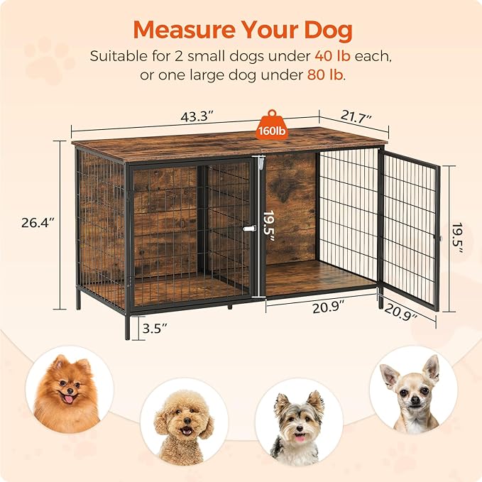 MAHANCRIS Dog Crate Furniture for 2 Dogs, 43.3" Dog Kennel with Removable Divider, Heavy Sturdy Dog Furniture Style Double Cage for Small Medium Dog, Indoor Pet House End Table, Rustic Brown DCHR1201