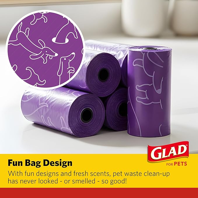 Glad for Pets Scented Waste Bags, Tear Resistant Pet Poop Pick-up Bags with Leak Protection, Fresh Lavender Scent, Purple Designs, 6 rolls, 90 bags total