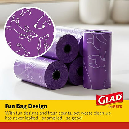 Glad for Pets Scented Waste Bags, Tear Resistant Pet Poop Pick-up Bags with Leak Protection, Fresh Lavender Scent, Purple Designs, 6 rolls, 90 bags total