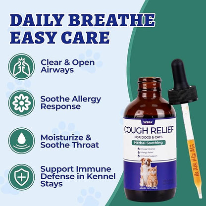 Wellix 120ml Kennel Cough Treatment for Dogs & Cats High-Volume - All Herbal Formula for Dog Cough, Sneezing & Cat Cold Relief - Durable Bacon Flavor Throat Gold for Dogs