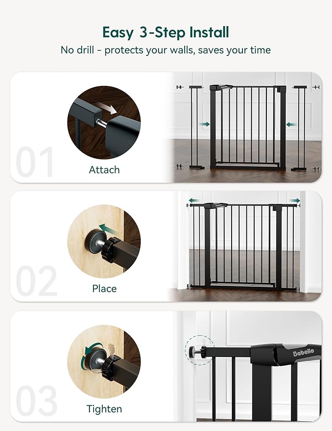 Babelio 36" Tall Baby Gate, 29-48" Auto-Close and Pressure Mounted Baby Gate for Stairs, Doorways, Hallway, Easy Walk Thru Pet Gate, Metal Child Gate with 2*Y Spindle Rods, Black