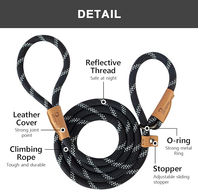 5 FT Slip Lead Dog Leash, Heavy Duty Rope Leash for Small Medium Large Dogs, No Pull Training Lead with Reflective Thread, Strong Comfortable Loop Leash (Black Stripe, Medium(3/8"))