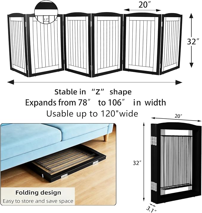 ZJSF Freestanding Foldable Dog Gate for House Extra Wide Wooden Black Indoor Puppy Gate Stairs Dog Gates Doorways Tall Pet Gate 6 Panels Fence