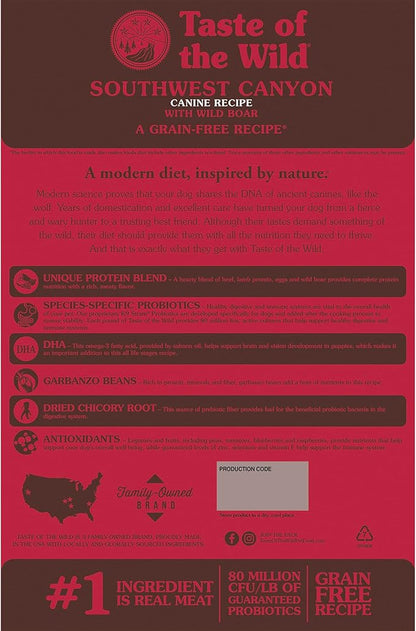 Taste of the Wild Southwest Canyon Grain-Free Recipe with Wild Boar Dry Dog Food, Made with Protein from Real Meat, and Guaranteed Nutrients Like Probiotics for All Life Stages 5lb