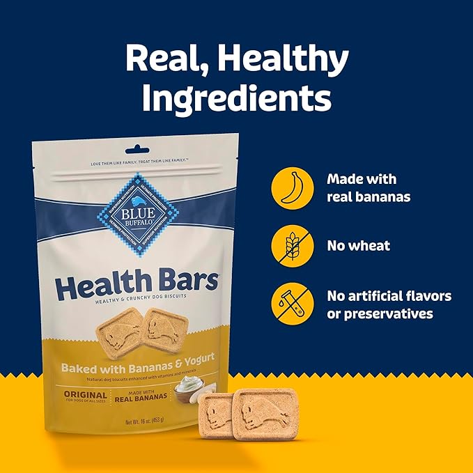 Blue Buffalo Health Bars Crunchy Dog Biscuits, Oven-Baked Dog Treats Made with Natural Ingredients, Bananas & Yogurt, 16-oz Bag