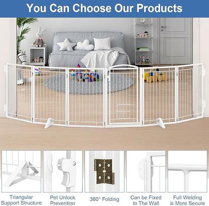 Metal Freestanding Dog Gate with Cat Door for Indoor&Outdoor,120" Extra Wide Foldable Pet Gate,32" Tall Foldable Indoor Dog Fence for Wide Openings Stairs,Deck,Yard,Doorways(6 Panels,White)