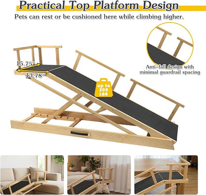 6 Level Height Adjustable Dog Ramp for Bed, Couch 65" Foldable Pet Ramp with Non-Slip Mat，DIY Glow Strips & Rest Platform Heavy Duty Dog Stairs for Large Dogs up to 200Lbs ，Wood Color