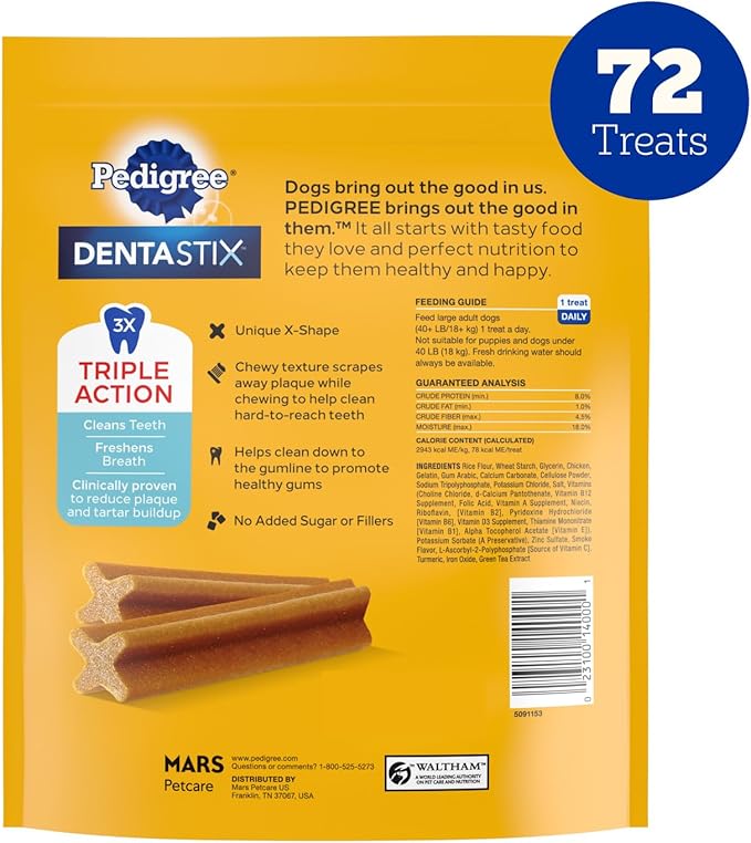 Pedigree Dentastix Large Dog Treats, Original Flavor with Real Chicken, (4) 18ct Bag (72 Treats Total)