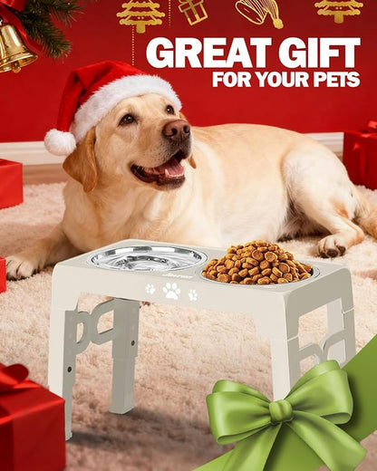 Jovrun Elevated Dog Bowls for Medium Large Size Dogs, Non-Slip Dog Feeder with 1*Stainless Steel Dishes & 1*Slow Feeder Bowl, 5 Heights Adjustable Raised Bowls to 3.15″-8.66″-9.84″-11.02″-12.2″