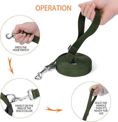 Strong Durable Nylon Dog Training Leash, 1 Inch Wide Traction Rope, 6 ft 10ft 15ft Long, for Small and Medium Dog (Military Green, 15 Feet)