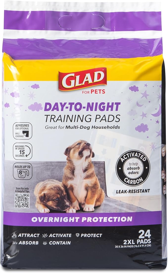 Glad for Pets Day to Night Activated Carbon Puppy Training Pads, Odor Control Disposable Dog Pads with Adhesive and Wall Protection, Leak Proof and Super Absorbent, 30 x 36 Inch, 24 Count