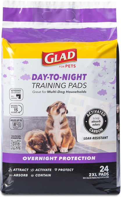 Glad for Pets Day to Night Activated Carbon Puppy Training Pads, Odor Control Disposable Dog Pads with Adhesive and Wall Protection, Leak Proof and Super Absorbent, 30 x 36 Inch, 24 Count