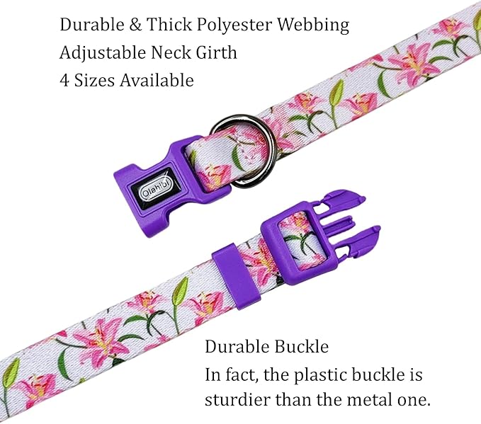 Dog Collar Leash Set, Floral Pattern, Polyester Material, Adjustable Collar and 5ft Matchcing Leash, for Puppy Dogs.(XS, Purple Lily)