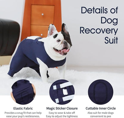 IECOii Dog Recovery Suit - Soft Surgical Onesie for Post-Surgery Dogs, Protects Abdominal and Rear Leg Wounds, Stops Licking, L-Blue