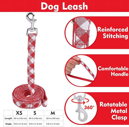 EXPAWLORER Cute Dog Harness Collar Leash Set - Red Girl Dog Harness Checkered Step-in Design, Detachable Bow Pet Collar, Adjustable No-Choke Lightweight Mesh Vest for Cats Puppy Small Dogs, XS