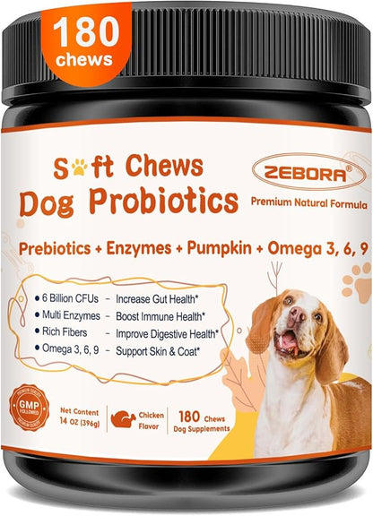 ZEBORA Probiotics for Dogs, Dog Probiotics, for Digestive Health, Plus Pumpkin and Fish Oil, for Gut & Itchy, 180 Soft Chews