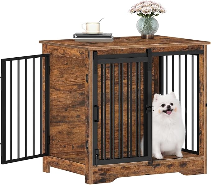Hzuaneri 27.2" Dog Crate Furniture with Barn Door, Heavy Duty Dog Kennel Indoor with 2 Doors, Wooden Pet Cage End Table for Small Medium Dogs up to 22 lb, Anti-Chew Anti-Escape, Rustic Brown DFC84301B