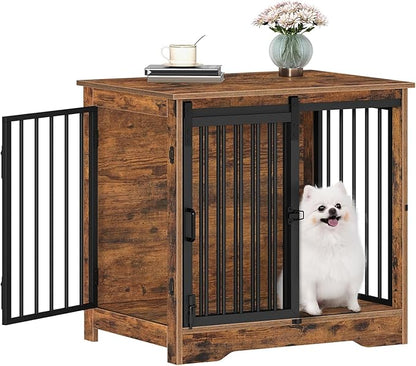 Hzuaneri 27.2" Dog Crate Furniture with Barn Door, Heavy Duty Dog Kennel Indoor with 2 Doors, Wooden Pet Cage End Table for Small Medium Dogs up to 22 lb, Anti-Chew Anti-Escape, Rustic Brown DFC84301B