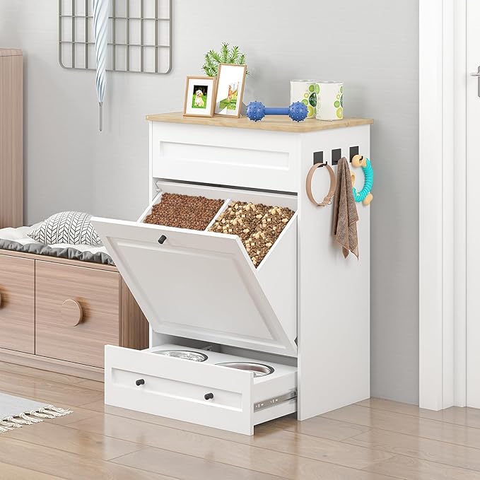 Elevated Dog Feeding Station with Storage Cabinet, 5.3" Pull-Out Hidden Bowls, Dog Food Organizer for Medium Large Dogs with Slow Feeder, Stainless Steel Bowls & Side Hooks (White)