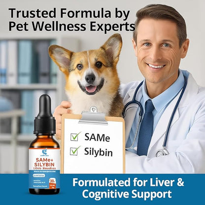 SAMEe for Dogs 500mg Liquid Drops with Silybin – Bacon Liver Flavored Liver Support Supplement for Dogs – S-Adenosyl Methionine & Milk Thistle Extract – 30ml (1oz)