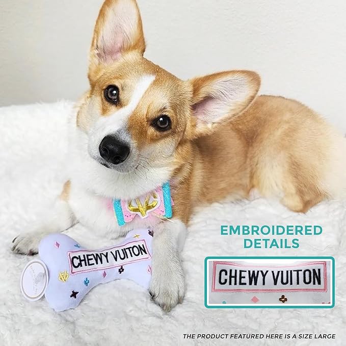 Haute Diggity Dog Chewy Vuiton Bone Plush Squeaky Dog Toy, Soft Durable Designer-Inspired Stuffed Puppy Chew Toys for Small & Medium Dogs, Machine-Washable (White) Small