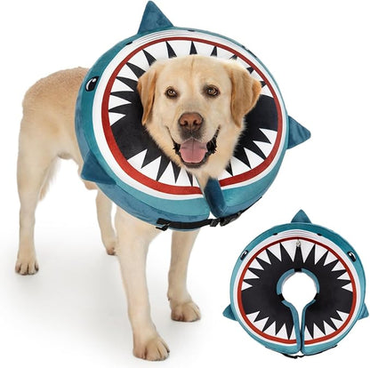 Dog Cone Inflatable Widen Dog Neck Donut Collar, Soft Cone Alternative After Surgery for Large Medium Small Dogs to Stop Licking (Blue Shark, X-Large)