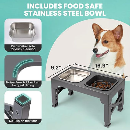 Niubya Elevated Dog Bowls, with Slow Feeder Bowl and Stainless Steel Dog Food Bowl, Raised Dog Bowls Adjusts to 5 Heights (3.15", 8.66", 9.84",11.02", 12.2") for Small Medium and Large Dogs