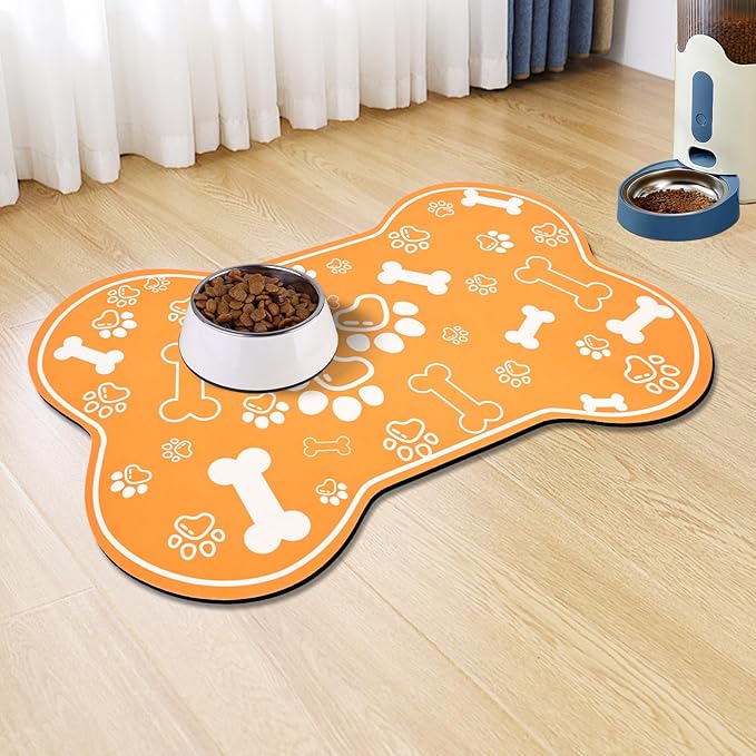 Dog Cat Mat for Food and Water,Rapid Absorbent Pet Feeding Mat, Bone Shaped Dog Placemat Bowl Mat with Rubber Backing,No Stains Pet Food Mats Indoor, Pet Accessories Supplies,Orange 12"×18"