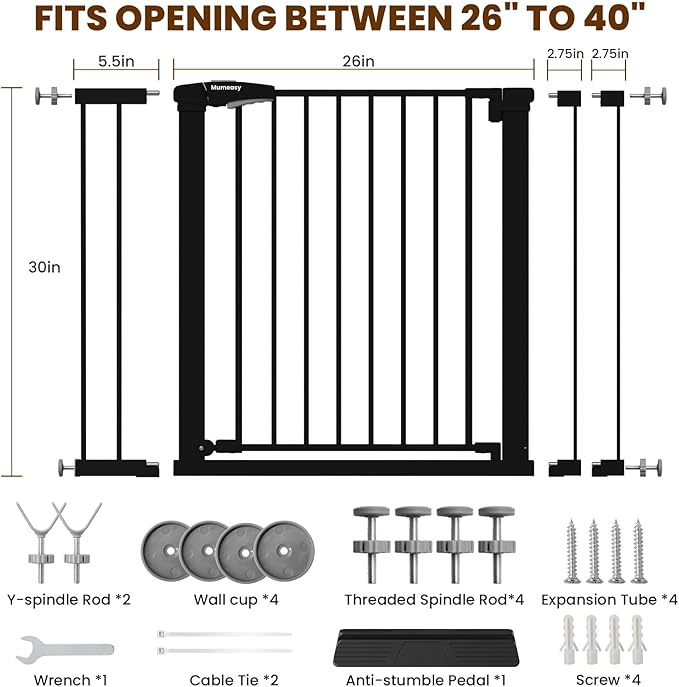 Baby Gate with Door, 26-40" Auto Close Dog Gate Indoor for Stairs Doorways, Easy Install Pressure Mounted Pet Gate, Easy Walk Through Child Safety Gate for the House, Black