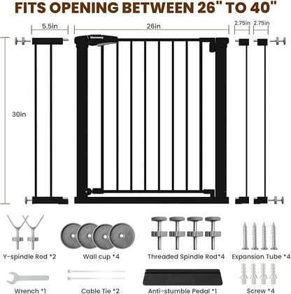 Baby Gate with Door, 26-40" Auto Close Dog Gate Indoor for Stairs Doorways, Easy Install Pressure Mounted Pet Gate, Easy Walk Through Child Safety Gate for the House, Black
