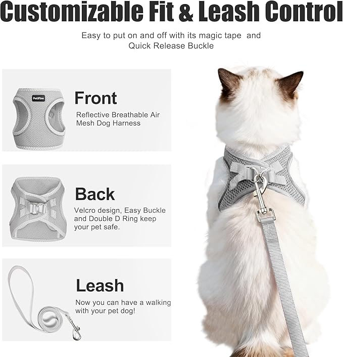 PetiFine Cat Harness and Leash Set,Escape Proof Kitten Harness Reflective,Soft Lightweight Puppy Harness for Walking and Travelling(XXS, Grey)