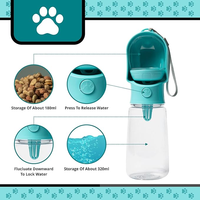 Leak Proof Portable Dog Water Bottle with Bowl – Travel Pet Water Dispenser for Walking & Hiking – Food Grade Plastic – Choose from 3 Colors (Blue, 500 ml)