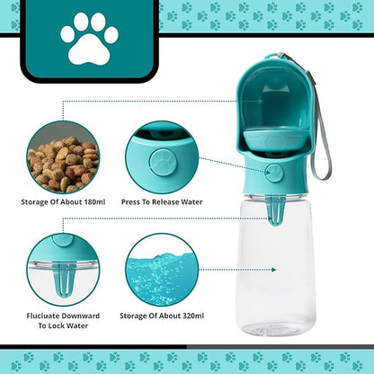 Leak Proof Portable Dog Water Bottle with Bowl – Travel Pet Water Dispenser for Walking & Hiking – Food Grade Plastic – Choose from 3 Colors (Blue, 320 ml)