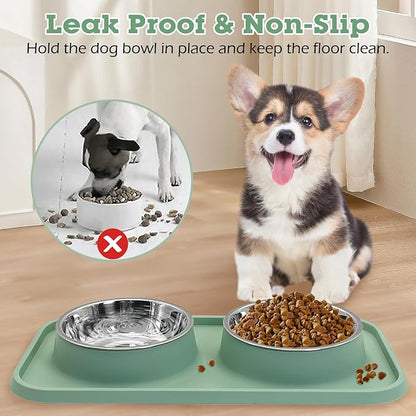 BNOSDM 2 Pcs Double Dog Food Bowls, Stainless Steel Small Dog Food and Water Bowls with Non-Spill Plastic Mat, Pet Cat Feeder Dish Set for Puppy Cats Kitten, Green