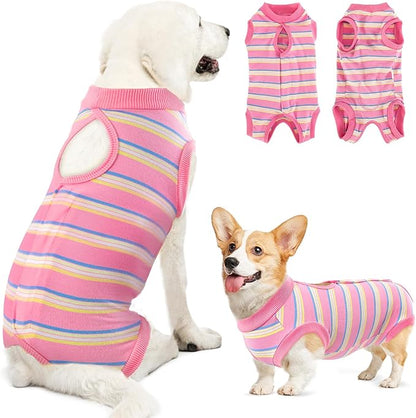 Lukovee Recovery Suit for Dogs, Onesie Surgery Recovery Suit for Female Male Dogs, Abdominal Wounds Cone E-Collar Alternative Prevent Licking Spay Recovery Suit (Pink Stripes,M)
