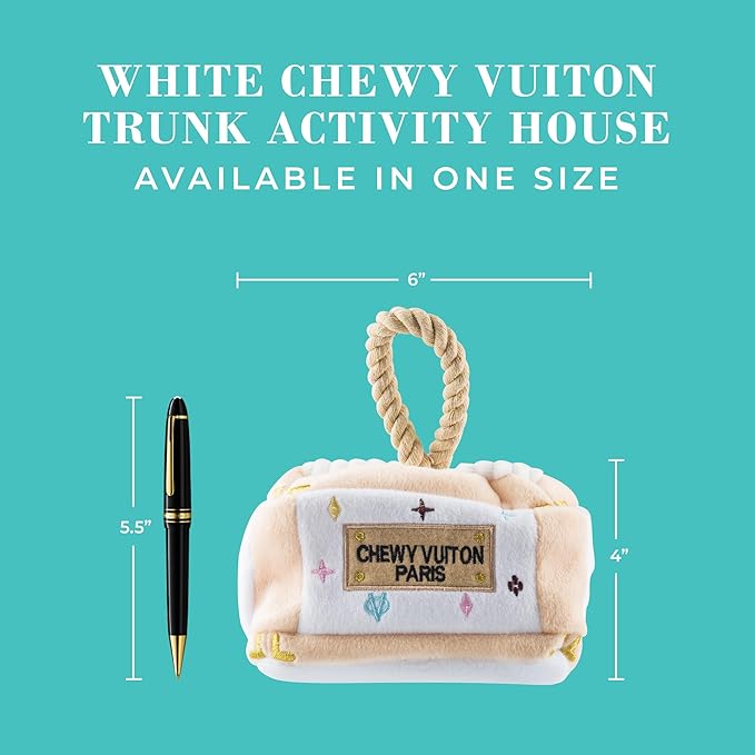 Haute Diggity Dog Chewy Vuiton Trunk Puzzle with 3 Plush Squeaky Dog Toys, Soft Durable Designer-Inspired Stuffed Puppy Chew Toys for Small & Medium Dogs, Machine-Washable (White) One Size