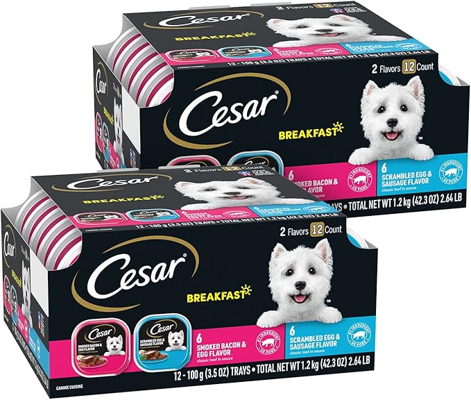 Cesar Wet Dog Food Classic Loaf in Sauce, Breakfast Lovers Variety Pack, Smoked Bacon & Egg Flavor, and Scrambled Egg & Sausage Flavor, 3.5 oz. Easy Peel Trays, 12 Count (Pack of 2)