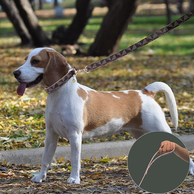 Dog Leather Collar and 4 ft Leash, KUDES Adjustable Basic Collar with Bell Checkered Pattern Durable Leather Collar and Leash with Metal Buckle for Small Medium Large Dogs