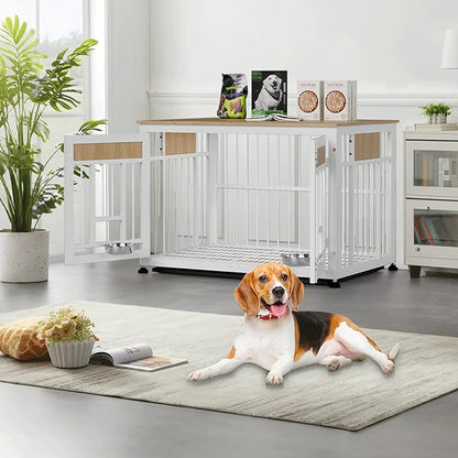 Heavy Duty Dog Crate Furniture for Large Dogs, Decorative Pet House End Table with 2 Feeder Bowls, 42.9 Inch Large Wooden Cage Kennel Furniture Indoor for Medium Dog with Bottom Tray