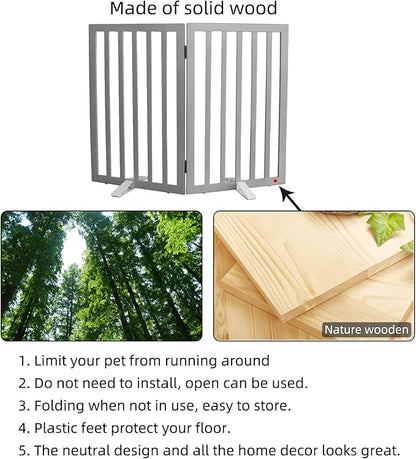 ZJSF Freestanding Indoor Dog Gate for House Foldable Wood Puppy Gate for Doorways Pet Gate for Stairs Extra Wide Pet Fence, Grey, 32" Height 2 Panels