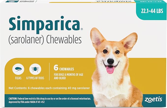 Simparica (sarolaner) Chewables for Dogs, 40 mg/tab, 22.1-44 lbs (Blue), 6 Tablets