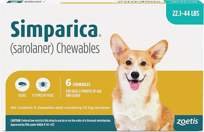 Simparica (sarolaner) Chewables for Dogs, 40 mg/tab, 22.1-44 lbs (Blue), 6 Tablets