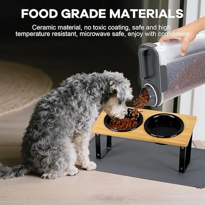 LEAWALK Upgraded Adjustable Height Cat Food Bowls Stand Ceramic Dog Bowls and Slow Feeder Cat Bowl, 15°Tilted Stand Anti Vomiting Raised for Small and Medium Sized Cats Dogs (Black (2 Bowl+Pet mat))