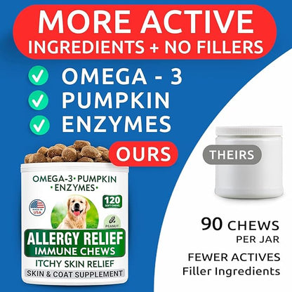 BARK&SPARK Dog Allergy Relief Soft Chews for Skin Health & Seasonal Allergies - Anti-Itch Supplement w/Omega-3, Quercetin & Bromelain Immune Treats for Dry Skin & Hot Spots - Peanut Butter - 120ct