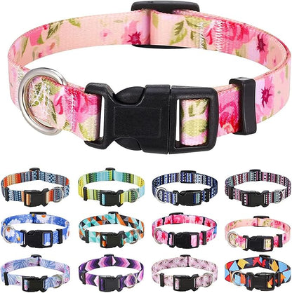 Mihqy Dog Collar with Bohemia Floral Tribal Geometric Patterns - Soft Ethnic Style Collar Adjustable for Small Medium Large Dogs（Pink Rose,L）